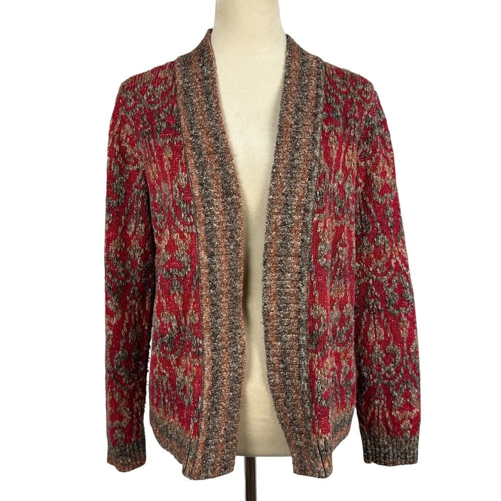 Red Brown Tan Patternedā Open Front Cardigan Sweater Womens XL Grandpa Cozy